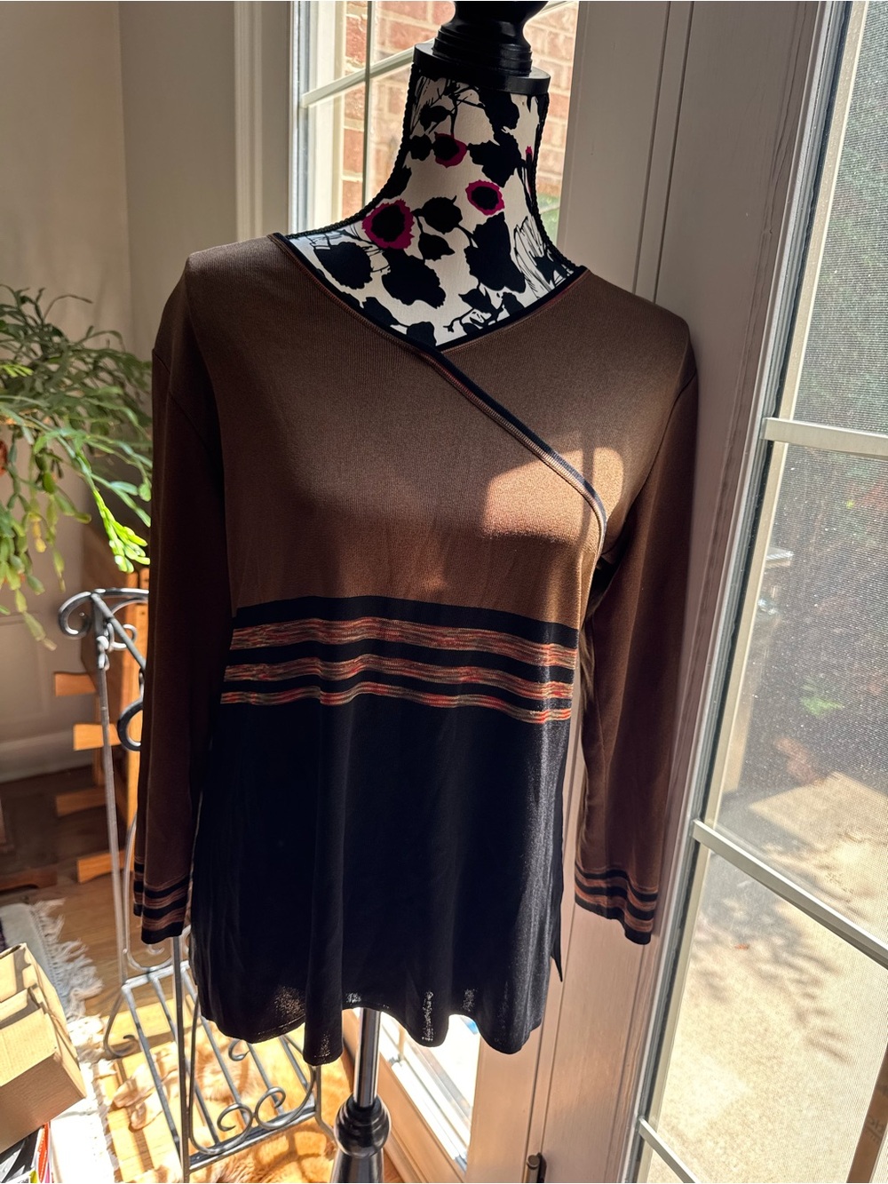 Misook Brown and Black Long-Sleeve Knit Top with Rust Stripes